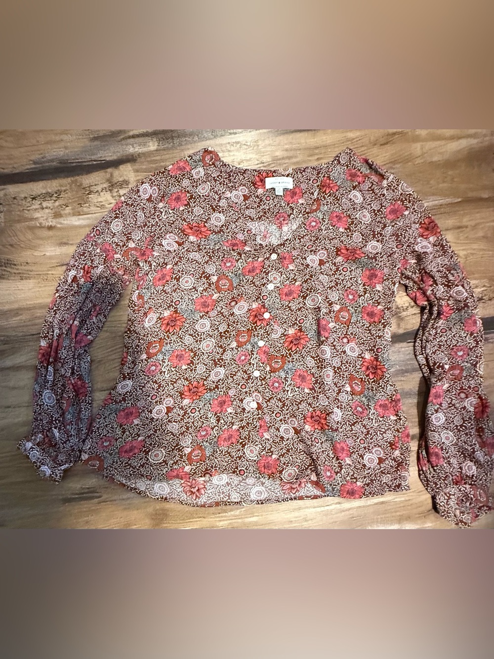 Lucky Brand Brown Floral Button-Front Blouse with Pink Accents